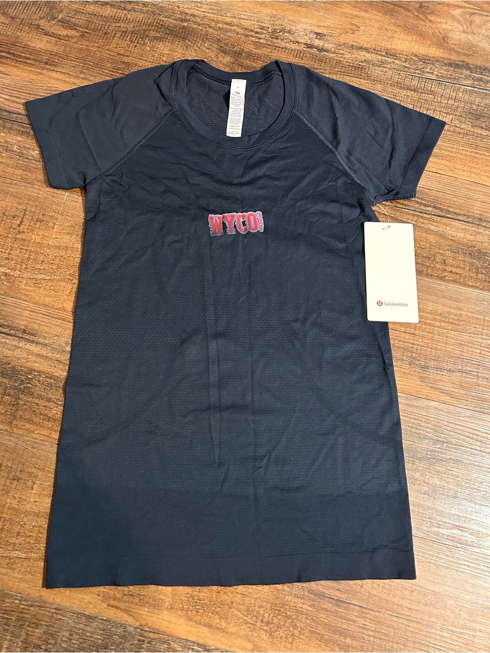 lululemon Swiftly 2.0 Navy Short Sleeve Tee with Red WYCO 307 Chest Logo